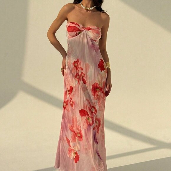 Multicolor Boho Women's Strapless Twist-Front Ruched Floral Print Bodycon Dress - Picture 3 of 7